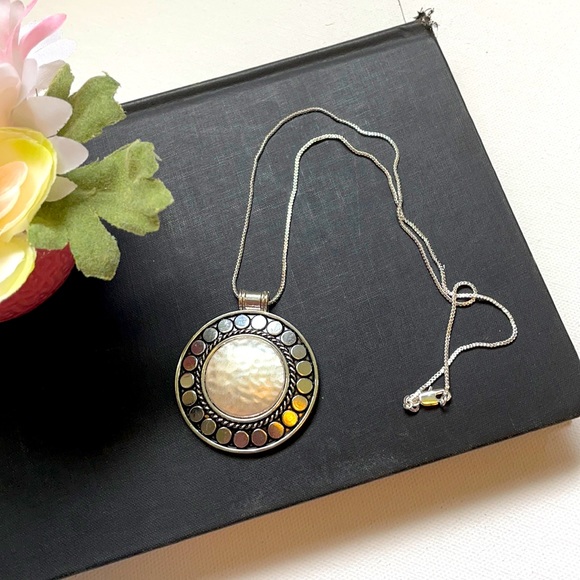 Silver-tone Statement Necklace with Round Pendant Handmade Upcycled Sustanible - Picture 1 of 6